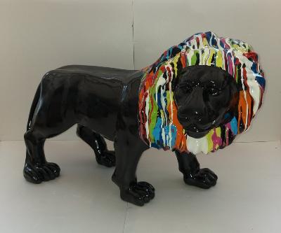 Sculpture Lion Noir Crinière colorée L-100cm