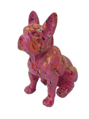 Statue en Résine Bulldog Français Assis Splash Rose - 30cm