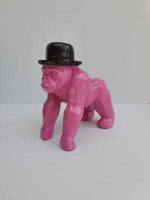 Statue Gorille avec Chapeau Rose et Noir