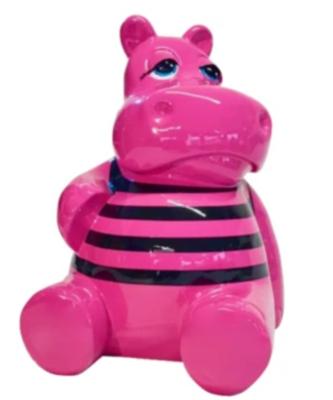 Statue Hippopotame Assis Rose Marinière - 50cm