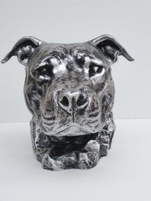 Statue Buste de Pitbull en Résine Argenté - 40cm